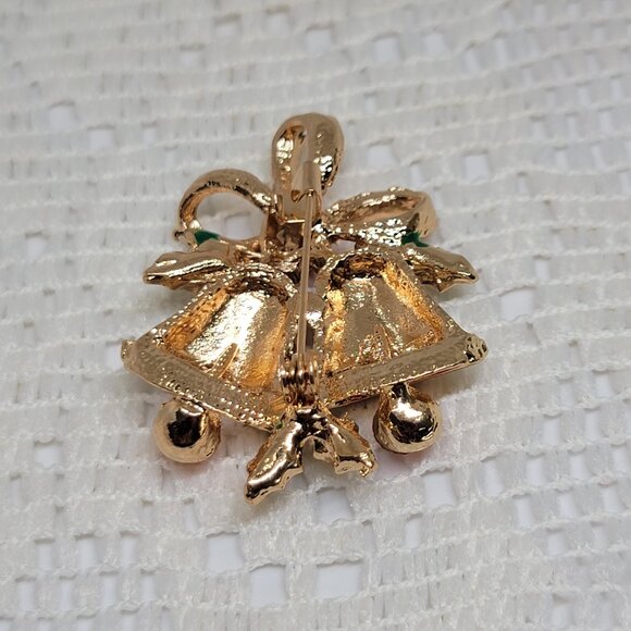Christmas Bells Brooch Mistletoe Goldtone Red Green Rhinestones 2 Inch High - Picture 3 of 7